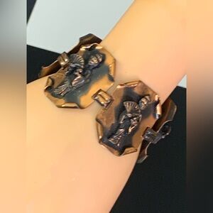 RARE- VTG Mixed Metal Brass Chinoiserie Panel Bracelet - Detailed Figure Design